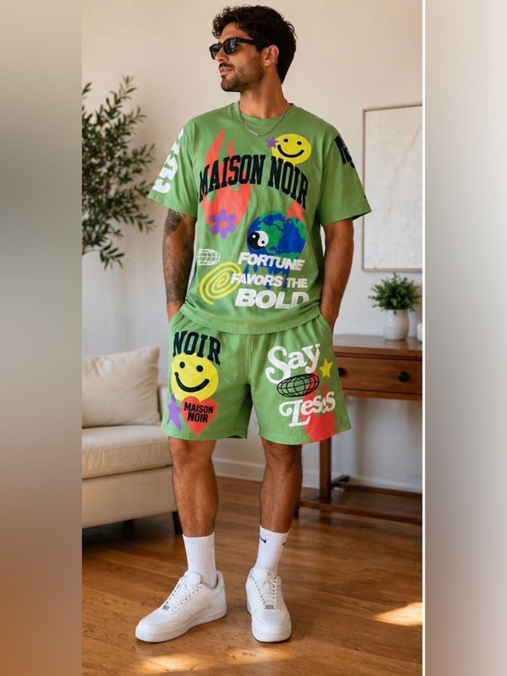 Maison Noir Green Graphic Tee and Shorts Set Colorful Prints Unisex Size Small